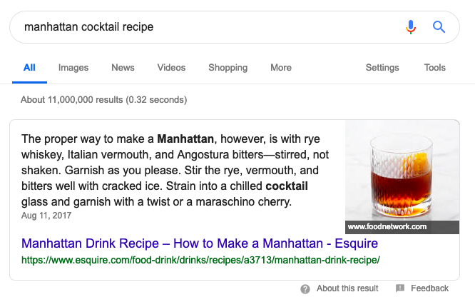 Example of a rich snippet for a cocktail recipe